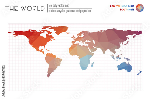 Vector map of the world. Equirectangular (plate carree) projection of the world. Red Yellow Blue colored polygons. Trending vector illustration.