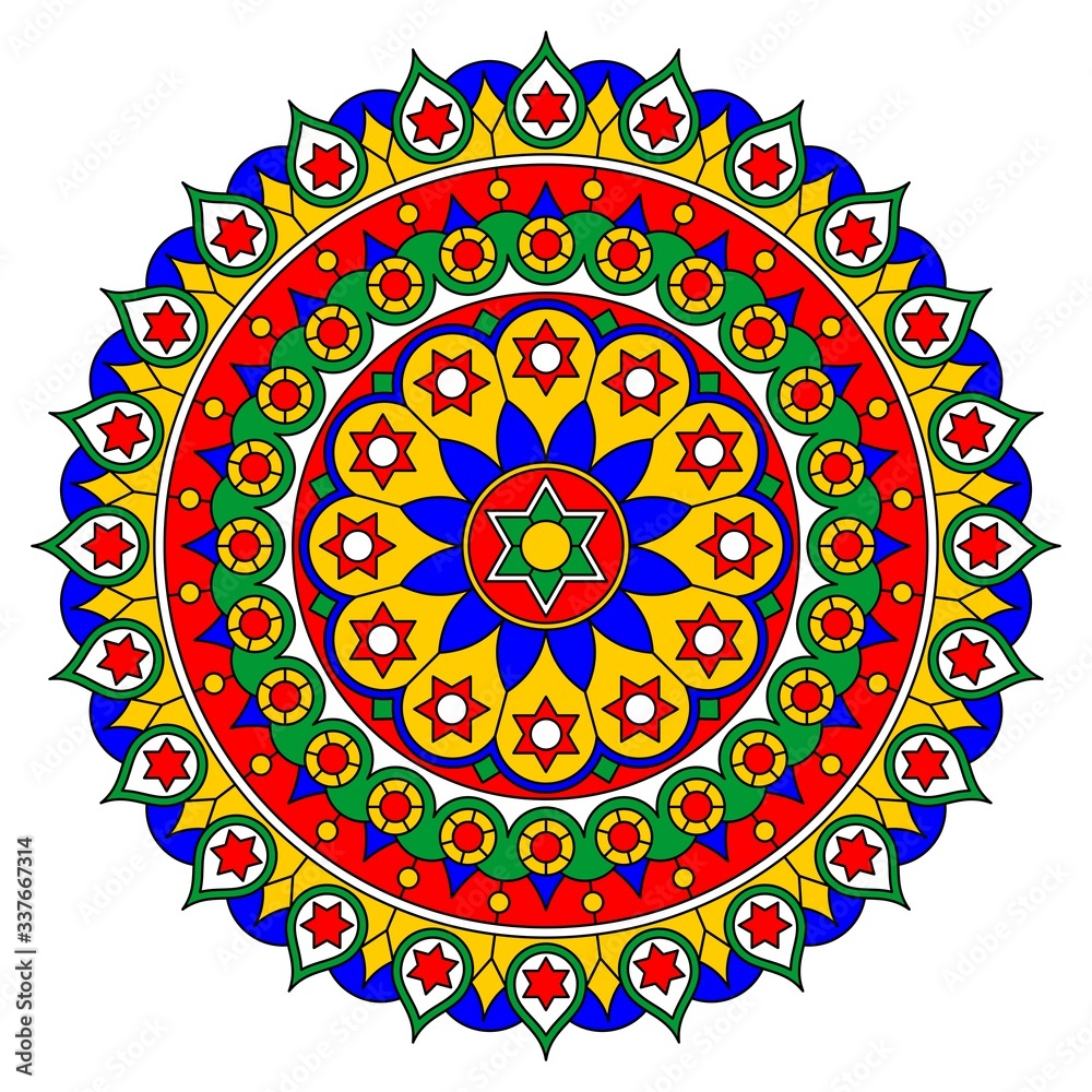 Bright motley mandala with floral and geometric ornaments. Vector drawing.