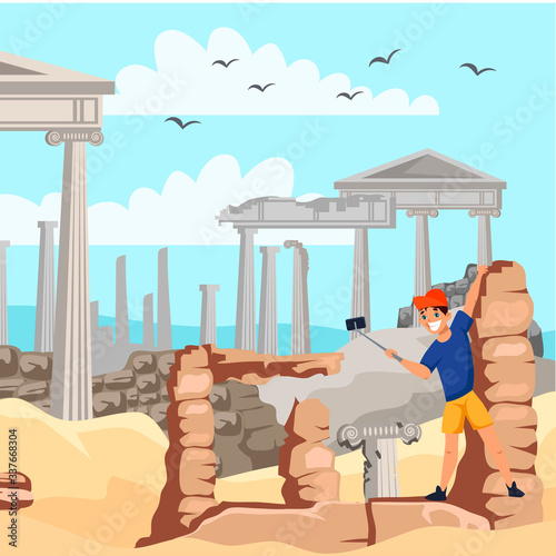 Vector characters tourists in Greece excursion