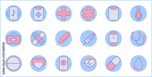 Set of Medicine vector line icons. It contains the first aid kit, nurse, syringe, thermometer, plastic, pills, heart, drop of blood, palpitation and much more. Editable Stroke. 32x32 pixels.
