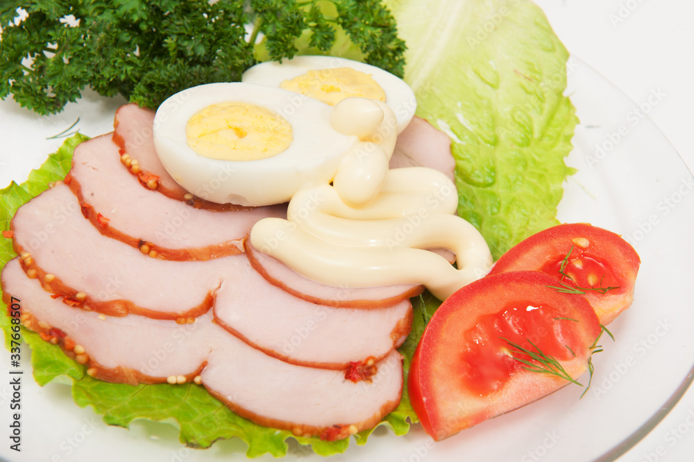 Ham with eggs and vegetables