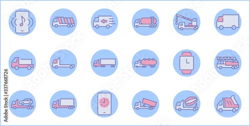 Truck Set of Transport Vector Line Icons. Contains such Icons as Truck, Transportation, Tow Truck, Cranes, Mixer, Garbage Truck, Manipulators, Delivery service and more. Editable Stroke. 32x32 Pixel