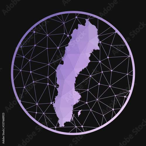 Sweden icon. Vector polygonal map of the country. Sweden icon in geometric style. The country map with purple low poly gradient on dark background.