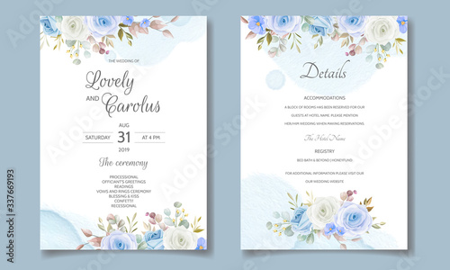 Beautiful wedding invitation card template with spring leaves and flower