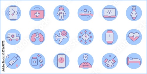 Set of Coronavirus Protection Vector Line Icon. Contains such Icons as Ambulance, Novel CoronaVirus, Protective Measures, Symptoms, Incubation Period and more. 32x32 Pixels. Editable Stroke