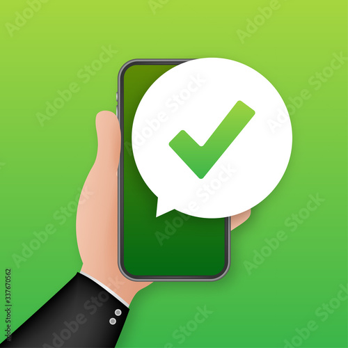 Smartphone with checkmark or tick notification in bubble. Approved choice. Accept or approve checkmark. Vector stock illustration.
