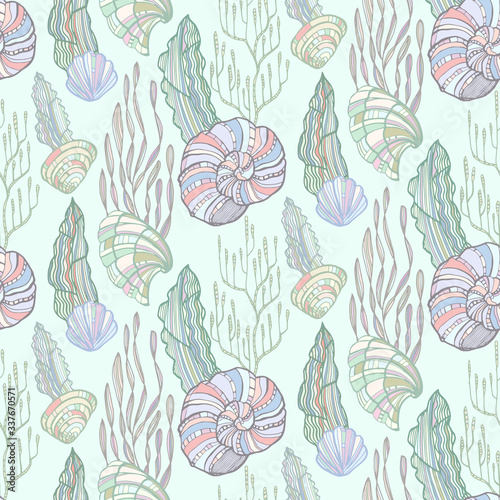 Seashells  starfishs  mollusks  Coral and Algae vector graphic colorful pattern