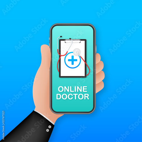Online docton smartphone for medical design. Health care, medicine service hospital doctor. Healthcare, medicine. Vector stock illustration.