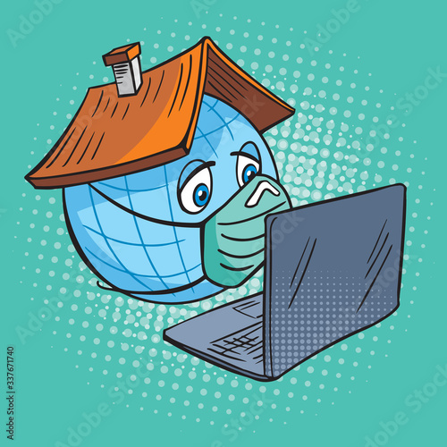 A funny cartoon globe sitting in a mask with a laptop. Stay at home. Quarantine, isolation during the pandemic of the coronavirus Covid 19. Comic book style drawing.