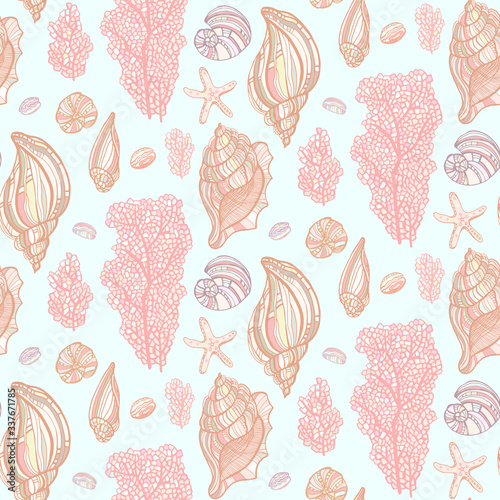 Seashells, starfishs, mollusks, Coral and Algae vector graphic colorful pattern