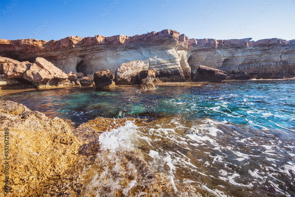 Sea caves of Cavo Greco Cape. Ayia Napa landscape, Cyprus. Mediterranean sea