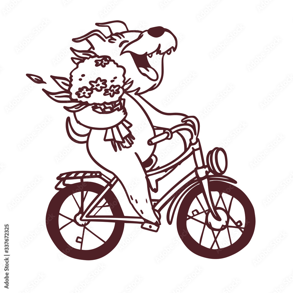 Cartoon outline happy dog on bike with bouquet of flowers. Vector hand drawn coloring page illustration.