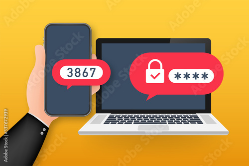 Two step authentication vector illustration, flat cartoon smartphone and computer safety login or signin. Vector stock illustration.