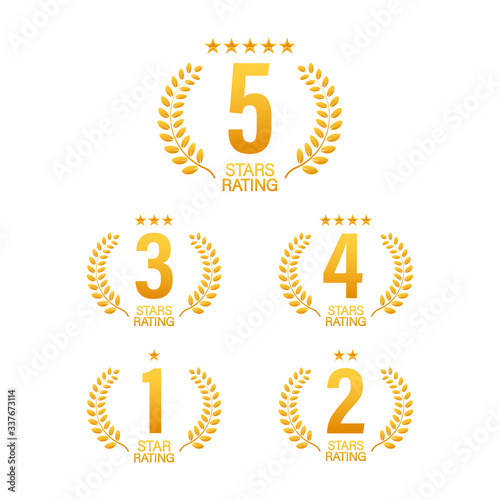 5 star rating. Badge with icons on white background. Vector illustration.
