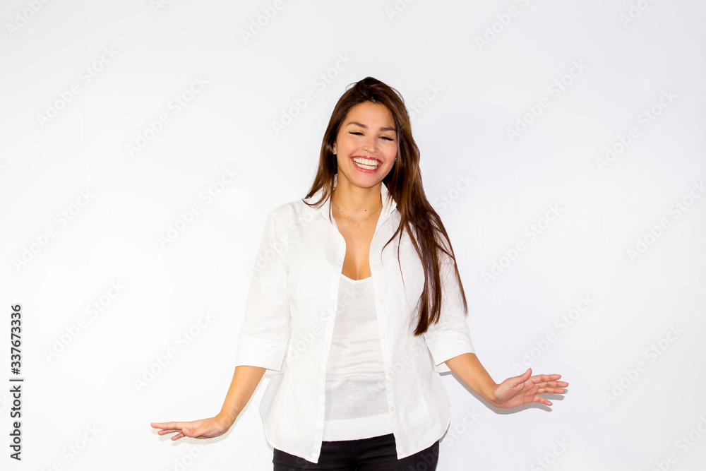 Surprised hispanic woman on white background Surprised hispanic woman on white background