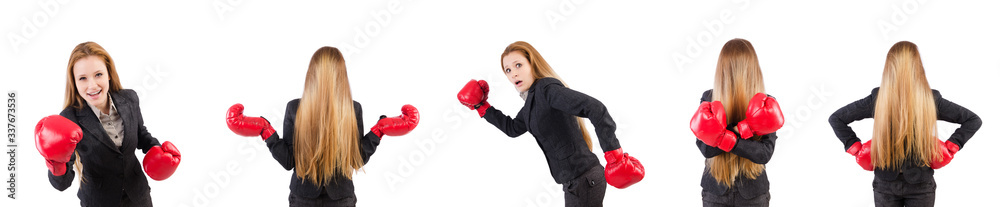 Woman businesswoman with boxing gloves on white Woman businesswoman with boxing gloves on white
