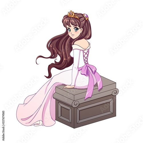 Cute anime bride princess with brown hair wearing wedding dress and sitting on stone bench. Hand drawn vector illustration isolated on white.