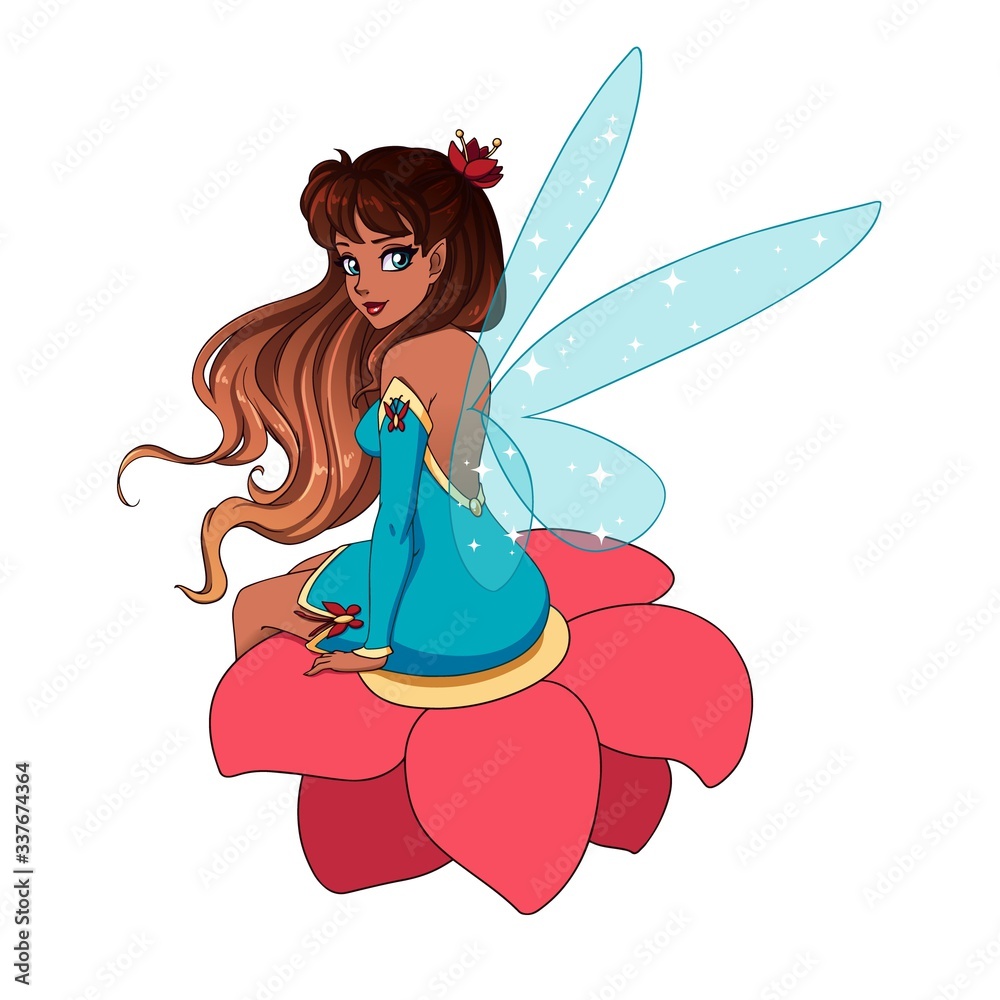 Beautiful cartoon fairy with shiny blue wings, brown hair sitting on flower. Stock Vector | Adobe Stock Beautiful cartoon fairy with shiny blue wings, brown hair sitting on flower. Stock Vector | Adobe Stock