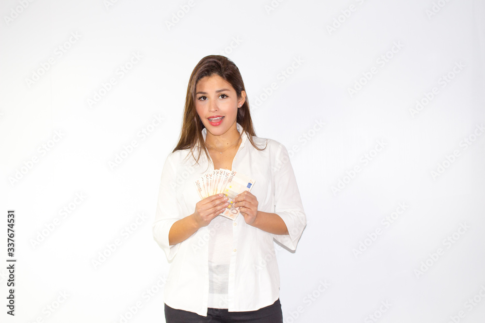 Happy smiling girl with euro cash in hand Happy smiling girl with euro cash in hand