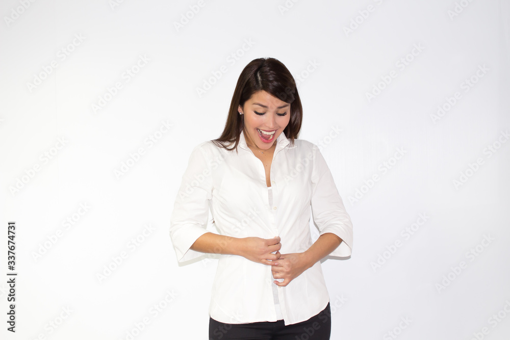 Beautiful Latina woman notes a Weight loss with surprise