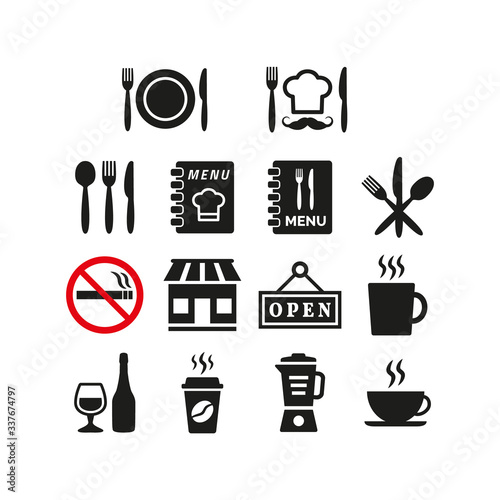 Restaurant and cafe icons set on white background.