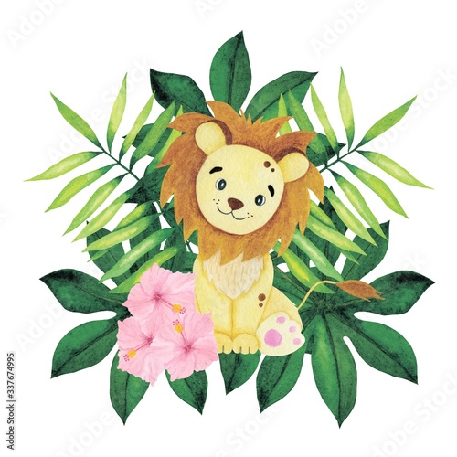 Watercolor cute baby lion. Cartoon hand drawn safari animal with tropical leaves and flowers.