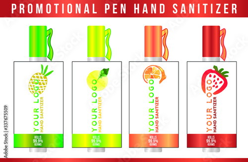Promotional give away pen sanitizer spray label design vector illustration.