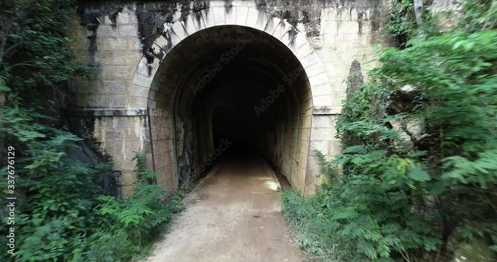 Pov shot from track surrounded by forest going inside a tunnel entrance, by drone