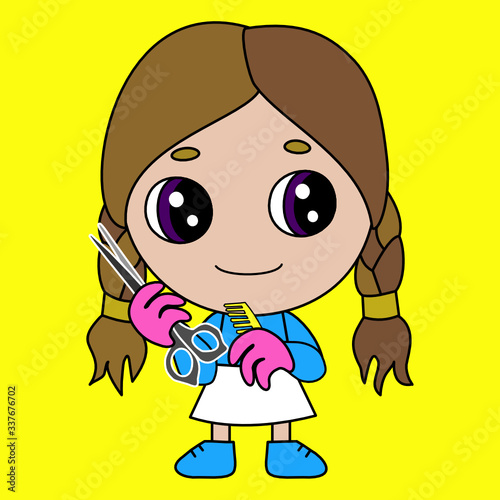 emoji with hairdresser or haircutter girl that is holding scissors in her hand, happy woman barber or coiffeur with pigtails at work, simple colored emoticon
