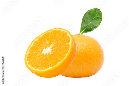 Fresh orange fruit and orange slices isolated on white background.