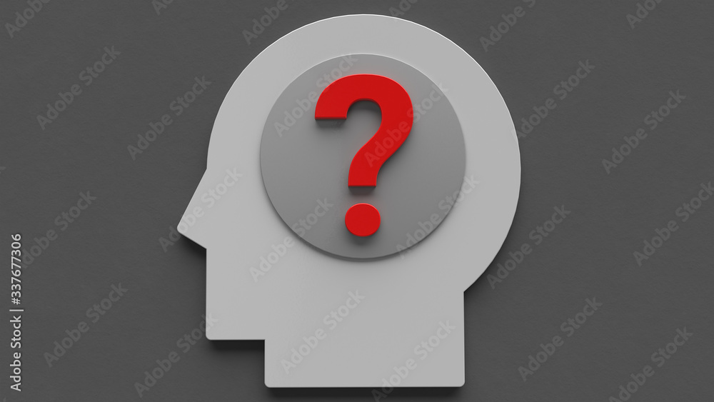 3d illustration male head in profile with question icon isolated on grey background. Idea symbol. 3d illustration male head in profile with question icon isolated on grey background. Idea symbol.