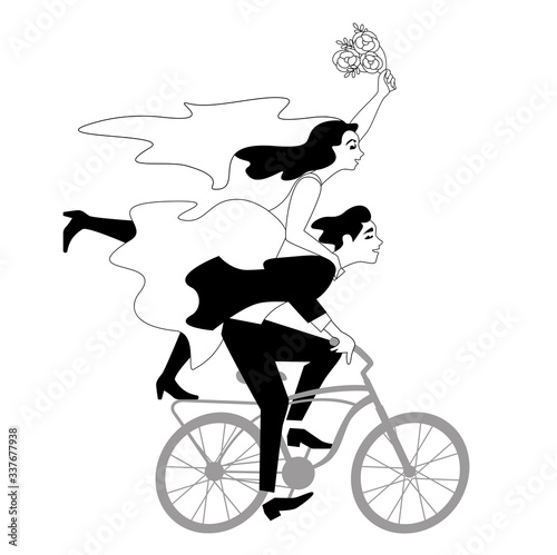 Just married happy couple bride and groom riding bicycle with flower bouquet. Vector illustration, clip art, cartoon, card design in black and white.