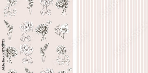 Set a seamless pattern. Pink pastel background with flowers and pink background with vertical white stripe. Beautiful garden flowers. hydrangea. for fabrics. decor. children