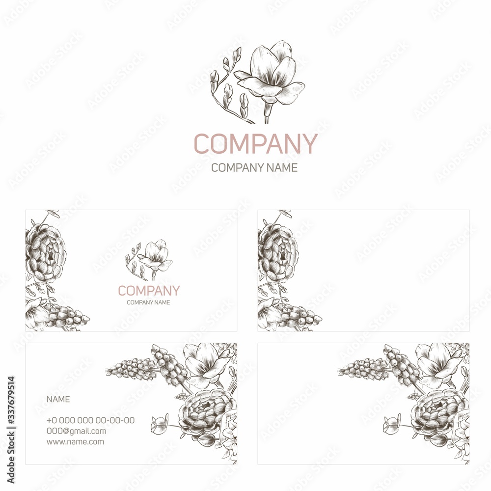 Set. Logo with a flower. Business card with flowers on a white background. Template