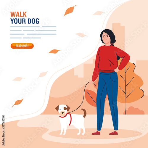woman walking your dog in the park vector illustration design