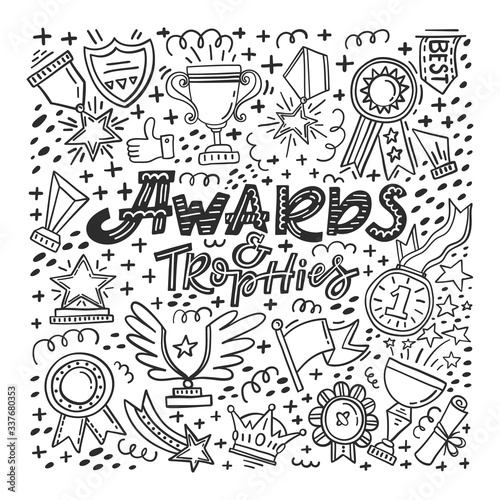 Trophy, medals, cups and awards icons set