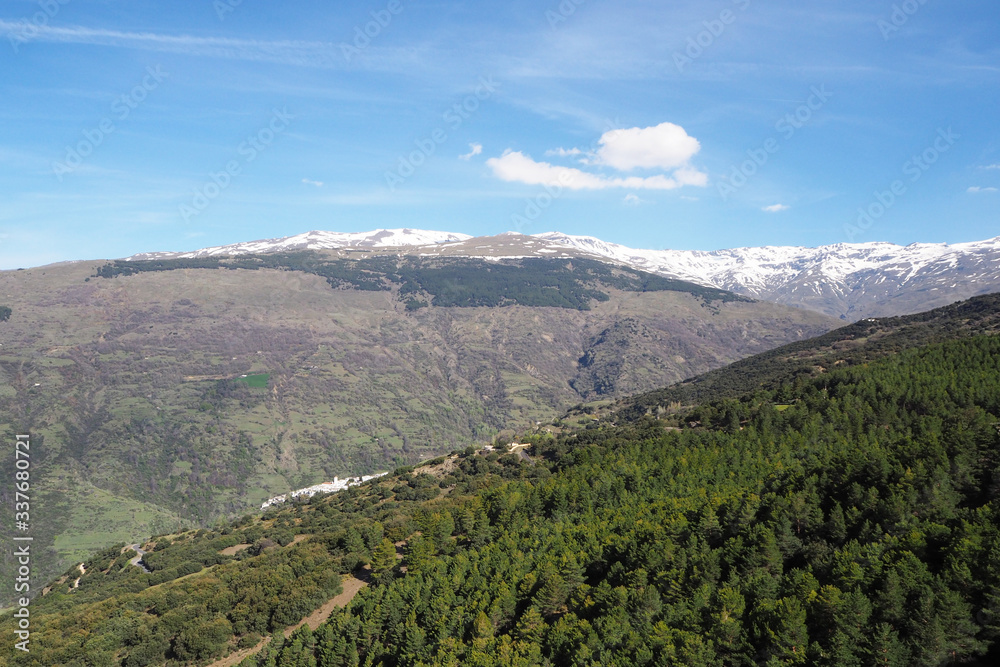 The mountain landscape with the slope covered by green forest, the far village, snow-covered peaks on the sunny spring day.