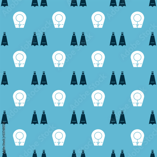 Set Rubber flippers for swimming and Diving hood on seamless pattern. Vector