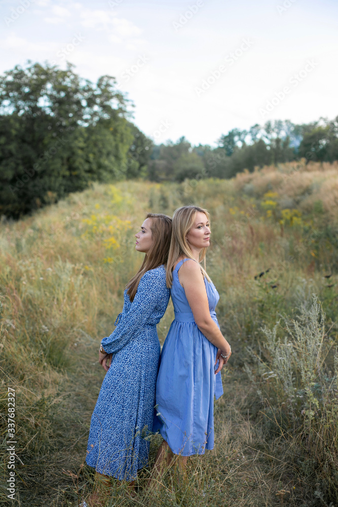vertical portrait of two cute young women on a background of grassy slope in the countryside vertical portrait of two cute young women on a background of grassy slope in the countryside