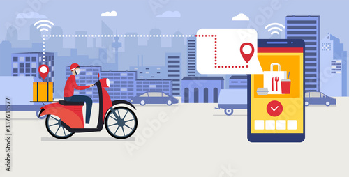 Food delivery app on a smartphone tracking a delivery man on a moped with a ready meal, technology and logistics concept, city skyline in the background