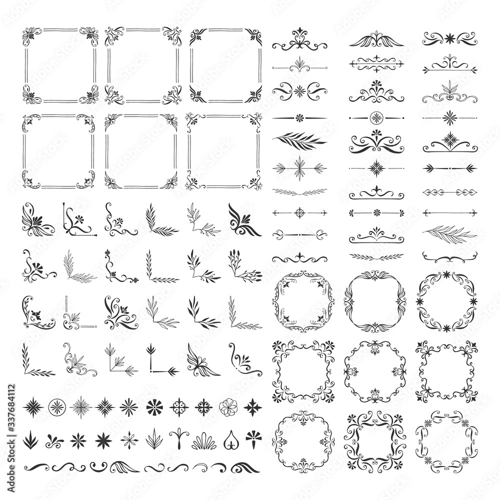 Set of vintage calligraphic dividers, frames, borders, corners. Vector hand drawn illustration.