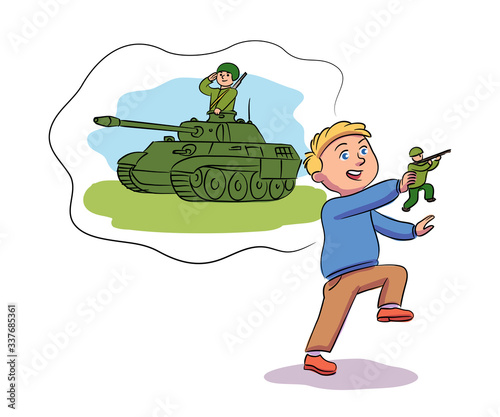 Vector character boy playing toy soldier, tankman