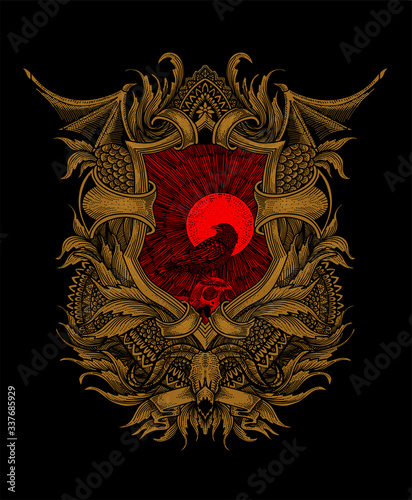 Vector illustration crow with engraving gothic vintage good for print.