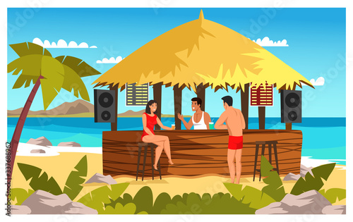 Man and woman drink exotic cocktails, fruit shakes, alcohol drinks at beach bar. Bar and cafe business at resort. Summer restaurant on sea coast with bartender and tourist visitors. Vector.