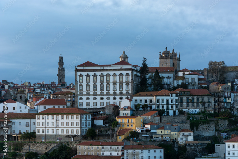 Viewpoint to the historical part of the city of Porto. Blue hour.