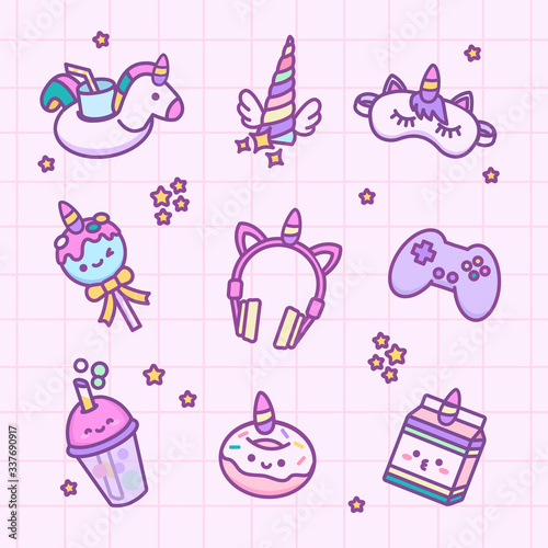 Vector set of cute unicorn icons  patches  stickers set in kawaii 80s  90s style. Cute doodle such as headphones  donat  pacage of milk  joystick  unicorn horn  bubble tea  sleep mask
