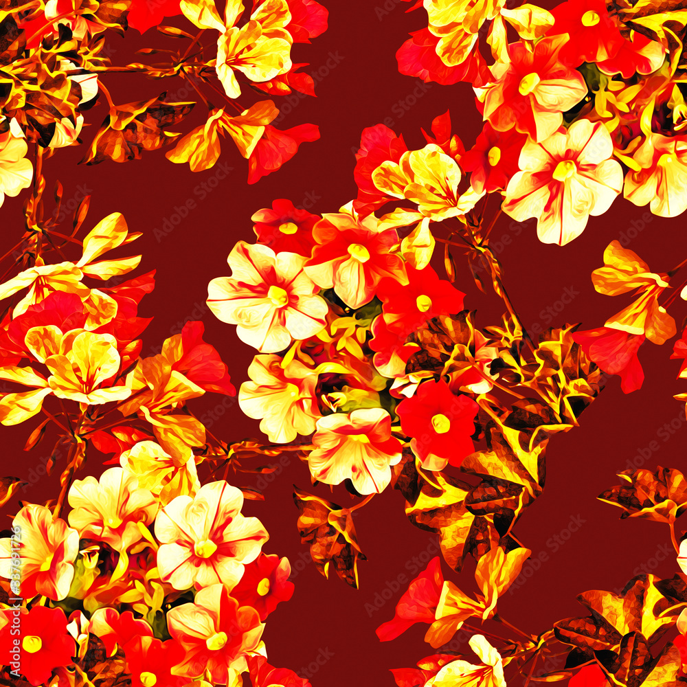 Petunia with geraniaflowers, seamless pattern. Petunia with geraniaflowers, seamless pattern.