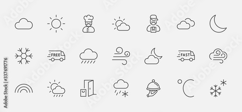 Set of Weather vector line icons. Contains symbols of the sun, clouds, snowflakes, wind, rainbow, moon and much more. Editable Stroke. 32x32 pixels.