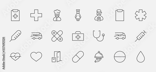 Set of Medicine vector line icons. It contains the first aid kit, nurse, syringe, thermometer, plastic, pills, heart, drop of blood, palpitation and much more. Editable Stroke. 32x32 pixels.