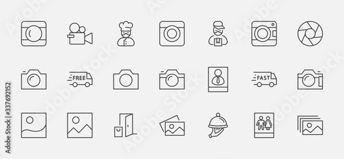 Set of Cameras and photo, vector line icons. Contains symbols of portraits and family photos and much more. Editable Stroke. 32x32 pixels